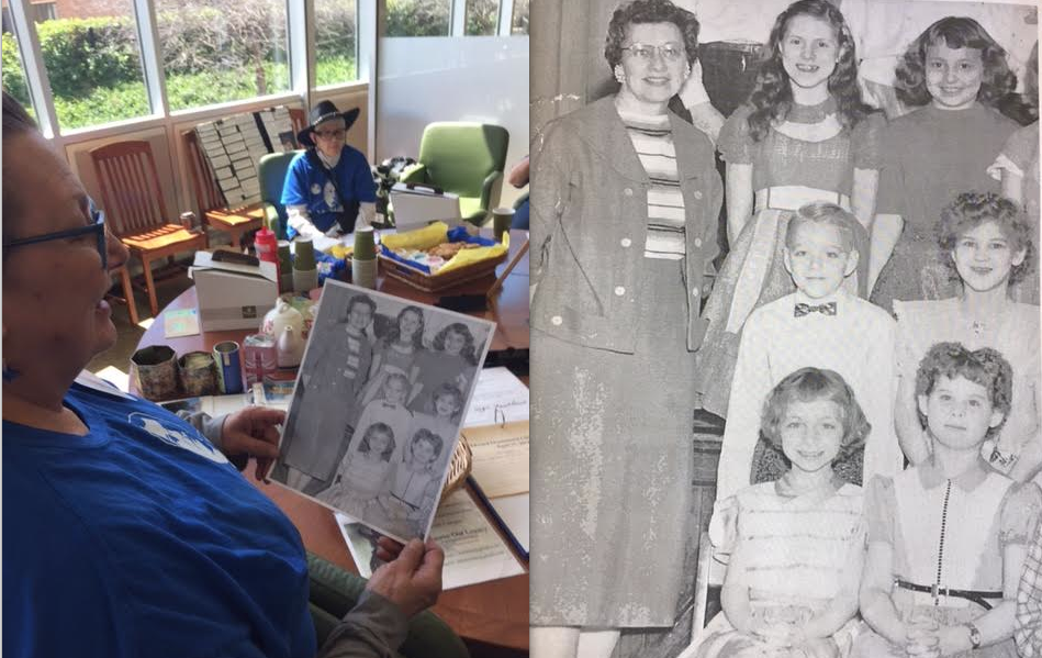 Group member Sue Strasel holds a photo of her and Sue Terrill, pictured as children at Libbey Elementary School in the '60s. Strasel is pictured at top right, Terrill is bottom left. 