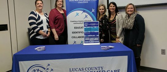 The LCTICC Advisory Board at the Three Year Celebration. (L-R) Diane Sweinhagen, LPCC-S (Cullen Center, ProMedica Toledo Children’s Hospital), Jennifer Wolfe, LISW-S, Lucas County Board of Developmental Disabilities, Dr. Adrienne Elhai, Ph.D. Cullen Center, and Alicia Komives, LISW-S, Julie Pratt, LISW-S, Harbor.